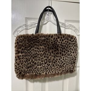 Stylish Neiman Marcus Faux Fur Cheetah Tote Handbag Purse Black Leather Footed